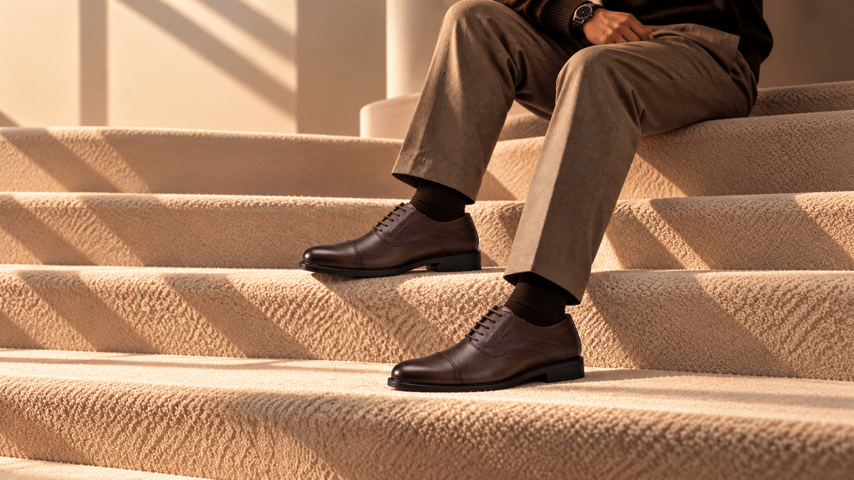 Brown leather cap-toe Oxford shoes worn on sunlit carpeted steps